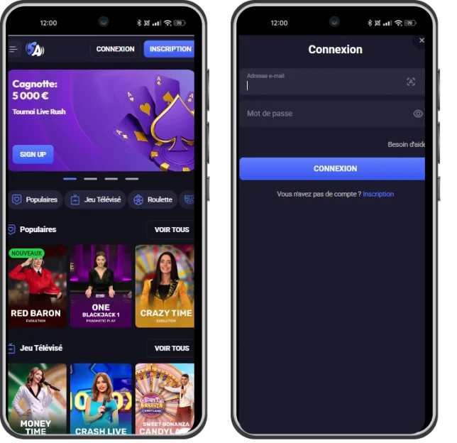 Version mobile de Spinaura Casino avec page d’accueil, connexion au compte et catalogue de jeux