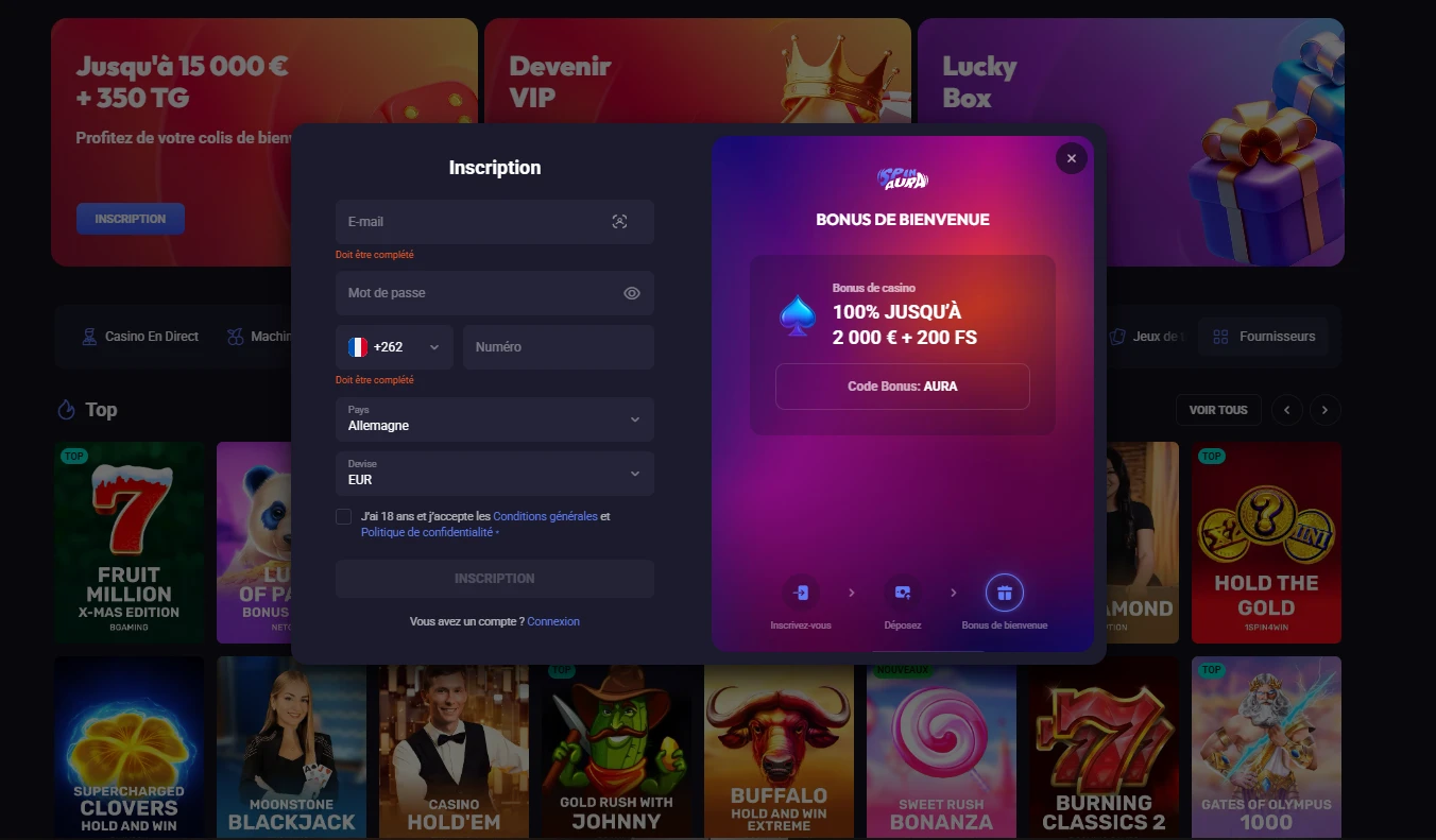 Capture d'écran du formulaire d'inscription Spinaura montrant les champs à remplir